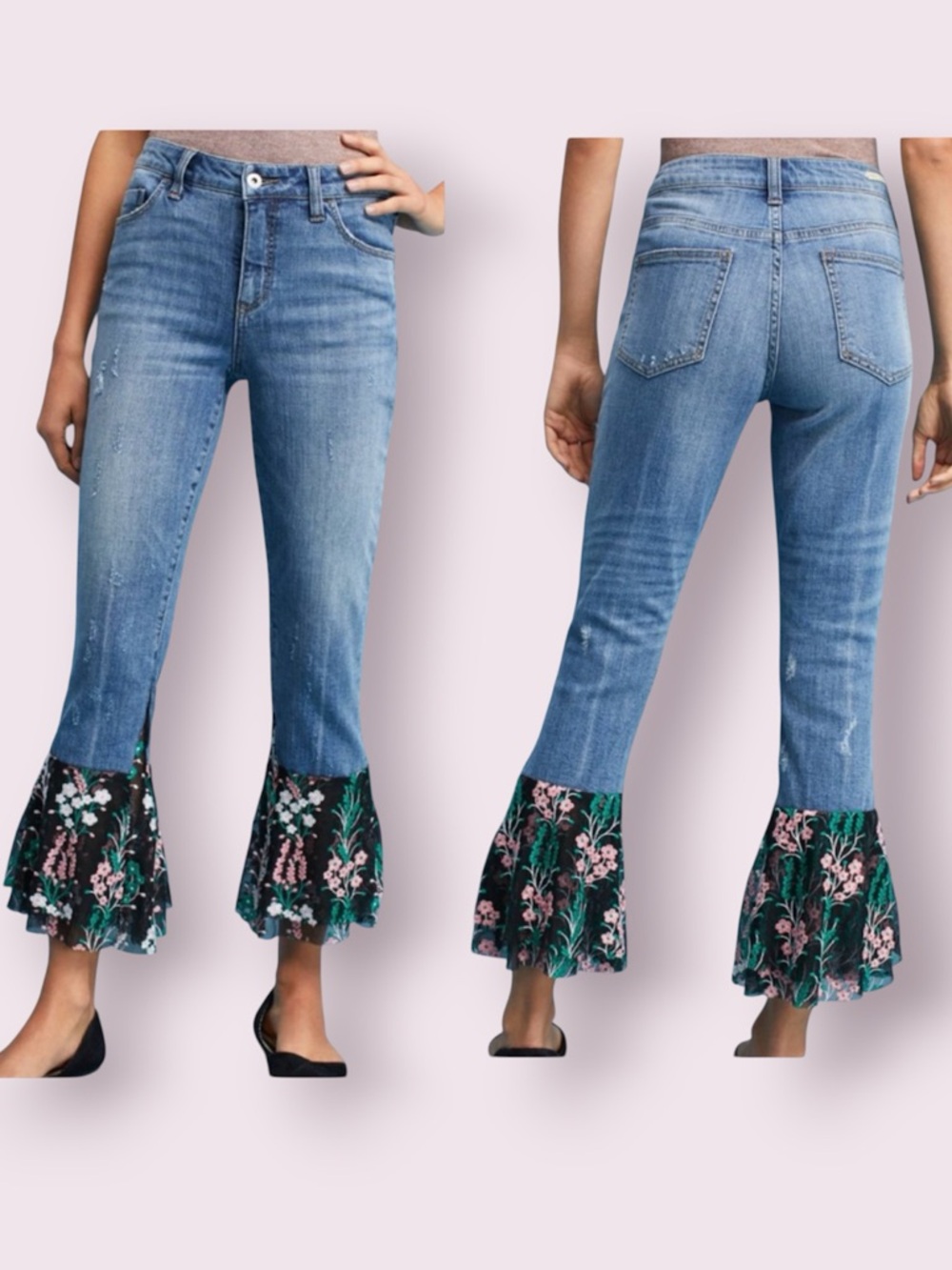 Anthro Pilcro and the Letterpress Flare Flounce Lace Embroidered Hem Jeans 27